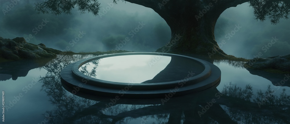 Aufkleber digital art piece that appears to be a surreal landscape with a large tree in the center. the tree h