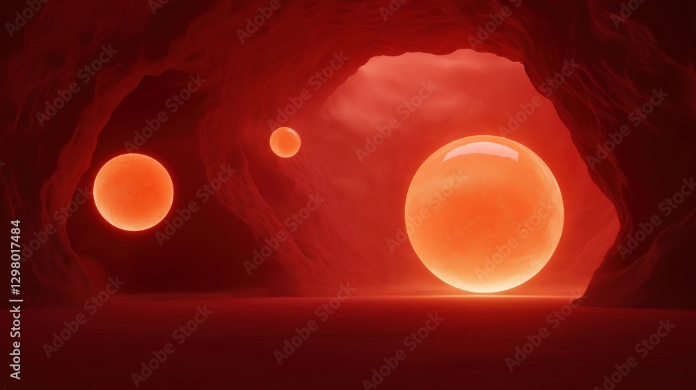 Poster cave with three red planets inside. the cave appears to be made of red rock and has a large opening 