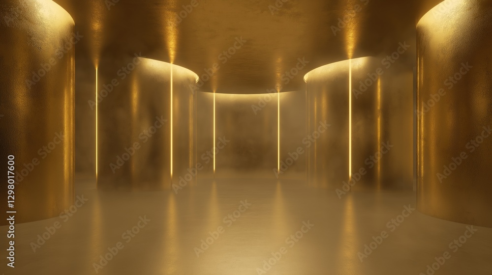 Poster empty room with a high ceiling and a floor. the room is dimly lit with a golden hue, creating a sens