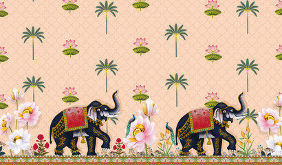3d Illustration of Indian elephants with tropical trees and flowers , seamless border , indian ethnic wallpaper. © ganesh_502