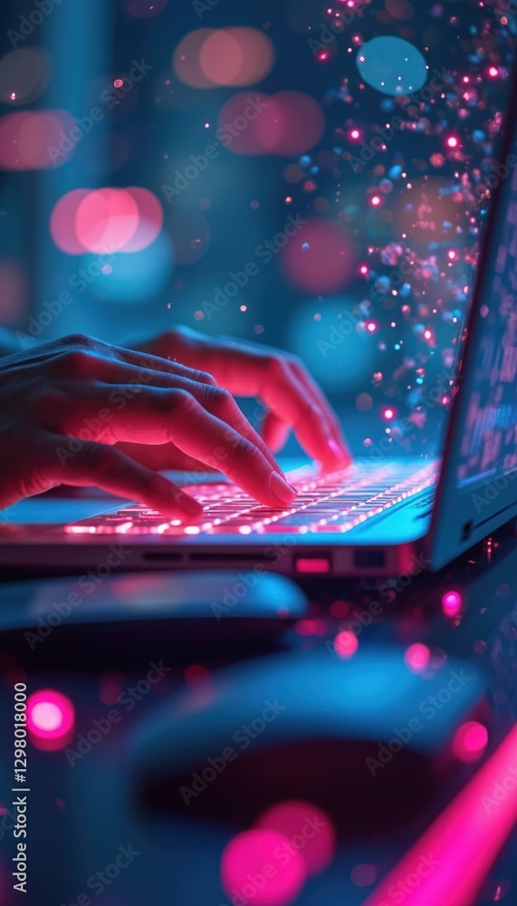 Poster cyber security engineer protects network from cyberattack. close up of hands typing on keyboard. sec