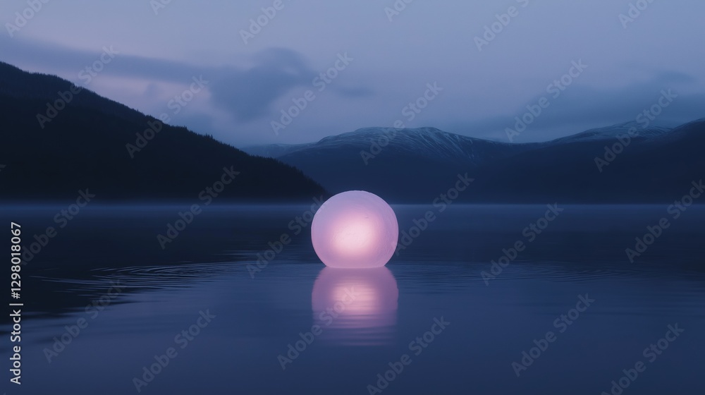 Poster landscape photograph of a calm lake with a pink sphere floating in the center. the sphere is spheric