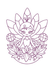 Enchanted Forest with Fairies – Magical Adult Coloring Page on White Background