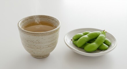 A cup of hot sake with a small dish of edamame on a white background.