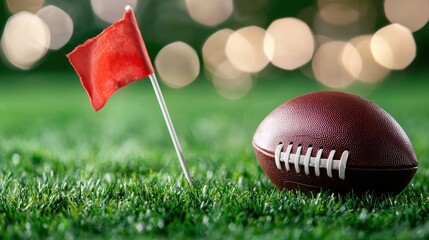 A close-up of a football with a red penalty flag on a lush green field, capturing the essence of the game.