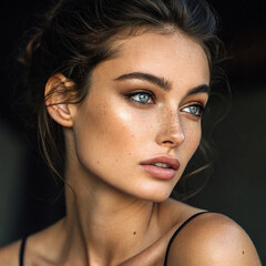 Portrait of a stunning fashion model with glowing skin and blue eyes in natural light. Ideal for beauty editorials, modeling portfolios, and cosmetics ads.