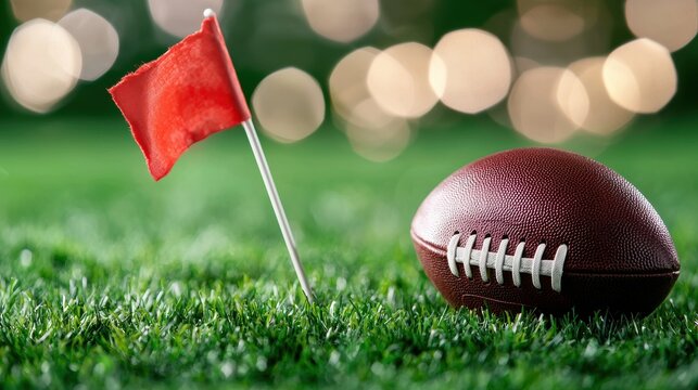 A close-up of a football with a red penalty flag on a lush green field, capturing the essence of the game.