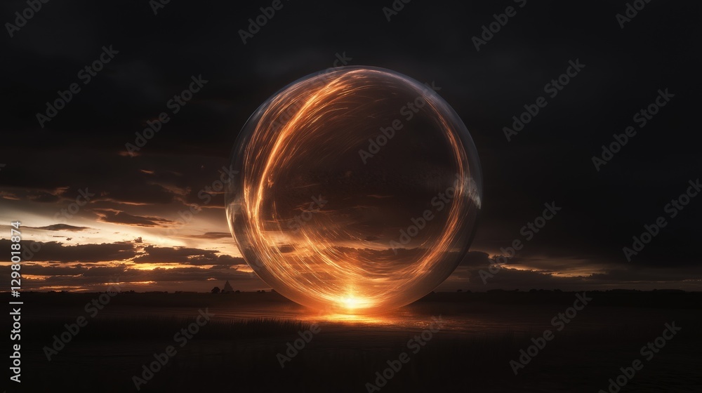 Poster digital art piece that appears to be a photograph of a spherical object in the middle of a vast land