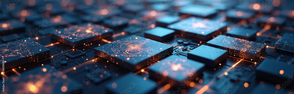 Poster Abstract glowing computer processors connections blockchain tech. Digital networks circuit patterns illustrate cyber data transfer flow. Quantum distribute ledger storage matrix algorithm, cyberspace