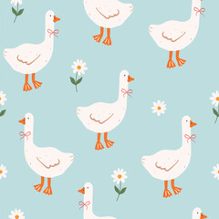 Cute seamless pattern with hand drawn geese and chamomile in blue background. Funny goose with tie bow. Spring summer background. Trendy print for fabric. Vector flat illustration.