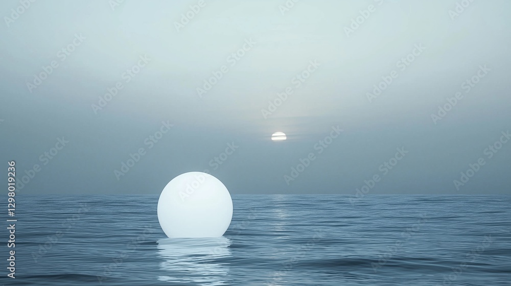 Poster large white sphere floating in the middle of the ocean. the sphere is spherical in shape and appears