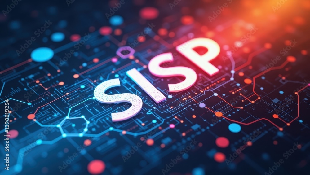 Poster sisp. word sip is placed on circuit board with colorful lights