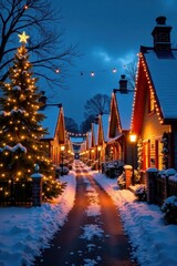 Fototapeta premium Village street lined with Christmas lights and houses decorated for the holiday season, lights, christmas, street