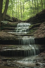 A waterfall cascading down moss-covered rocks in the middle of a forest. Mist rises from the rushing water, giving the area a magical feel.