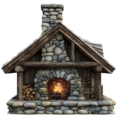 Cozy Hearthside: An inviting stone fireplace with a roaring fire, complemented by a rustic wooden structure and stacked firewood, ready for a warm and inviting space.