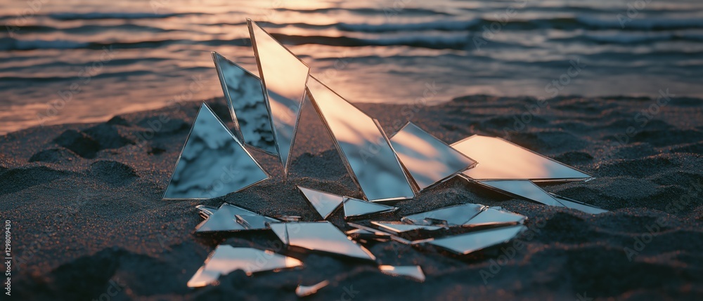 Aufkleber group of broken mirrors scattered on a sandy beach at sunset. the mirrors are of different sizes and