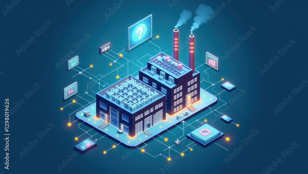 Poster smart factory. building is surrounded by many electronic devices and devices