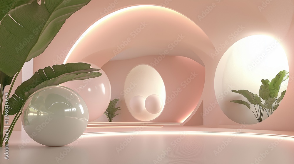Poster 3d rendering of a modern and minimalistic interior design. the background is a soft pink color with 