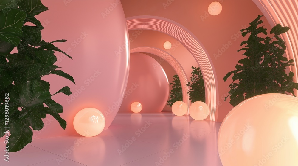 Poster modern and futuristic interior space with a pink and white color scheme. the walls are painted in a 