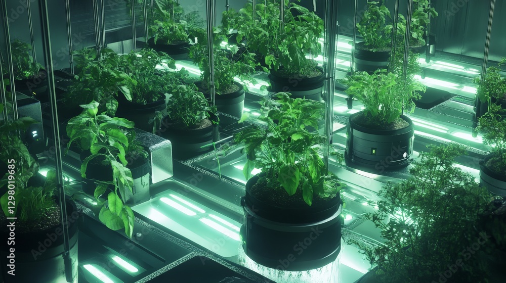 Aufkleber futuristic ai-managed hydroponic farming system with precision-controlled mechanical water flow