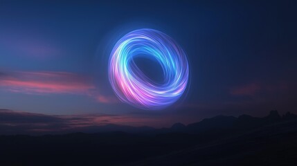 Obraz premium Digital art piece that appears to be a photograph of a beautiful sunset over a mountain range. the sky is a deep blue with a pink and purple gradient on the horizon.