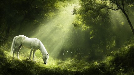 Majestic White Horse Grazing in Enchanting Forest Light