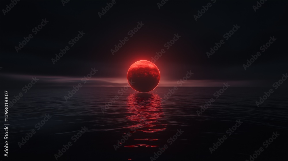 Poster digital illustration of a red planet in the middle of the ocean. the planet is in the center of the 