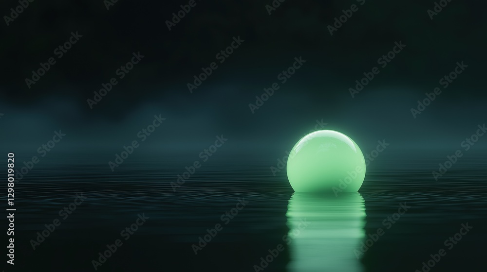 Poster digital illustration of a single sphere floating on the surface of a body of water. the sphere is gl