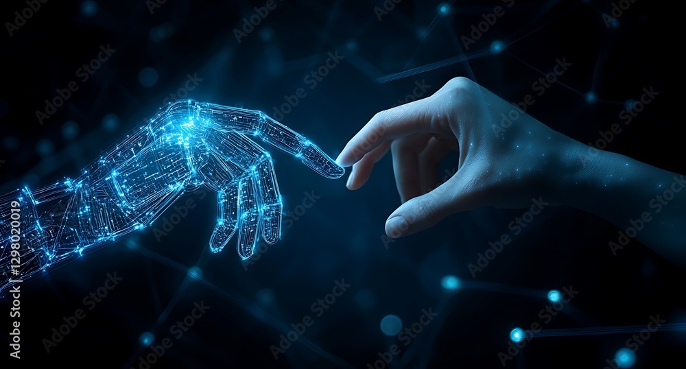 Poster digital connection: human and robotic hands reach out, fingertips almost touching, against a dynamic