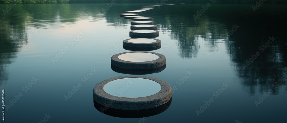 Poster long line of circular stepping stones arranged in a straight line across a body of water. the stones