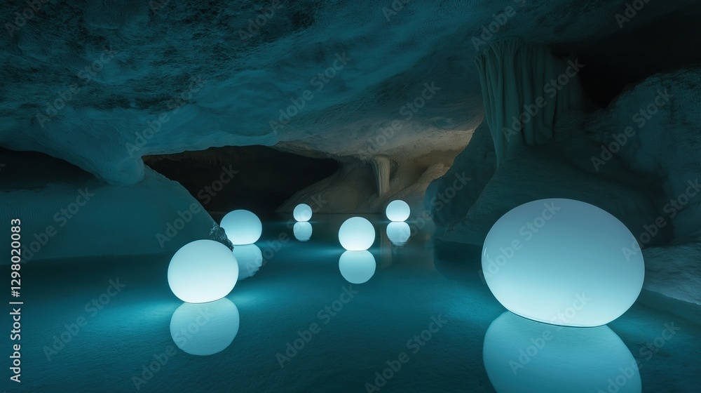 Poster group of white spheres floating in a dark cave. the spheres are arranged in a circular pattern, with