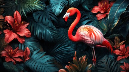 Fototapeta premium Pink flamingo amidst lush tropical foliage and vibrant red flowers.