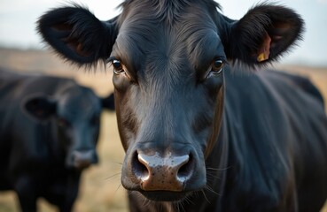 Close-up of black Angus cow face in farm field. Livestock animal with tag in ear and shiny hair. Ranch beef cattle with short snout and gentle eyes. Another cow in blurred background.