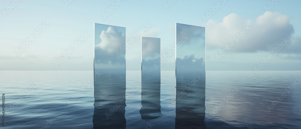 Aufkleber three tall, rectangular structures standing in the middle of a vast body of water. the structures ar