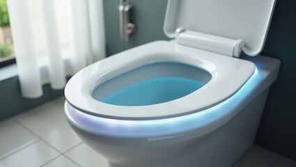 Smart Bidet. Modern white toilet bowl with blue cleaning water, open lid, bathroom hygiene concept, home interior, natural light from window, clean sanitary space, tile floor, fresh and bright atmosp