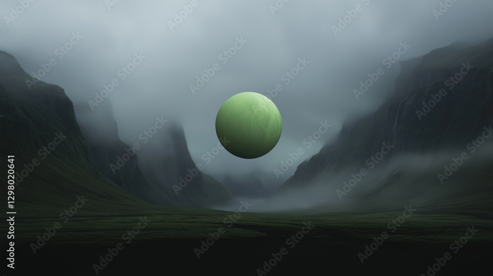 Poster digital illustration of a green sphere floating in the middle of a dark and foggy landscape. the sph