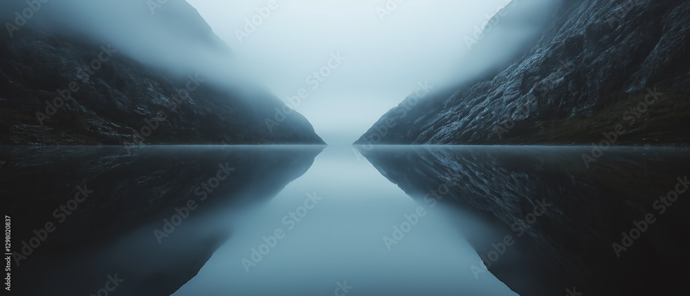 Poster landscape photograph of a mountain range with a body of water in the foreground. the mountains are c