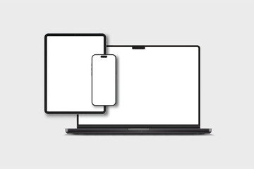 3D laptop, tablet and smartphone digital device mockup with blank screen isolated on background. Technology empty display template for ui, ux, app, ads and website presentation. Vector illustration
