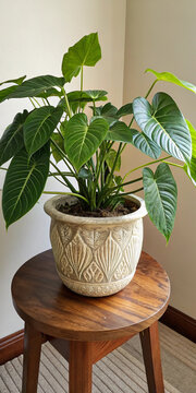 Fototapeta Close-up of philodendron plant in a ceramic pot on indoor table. Great for botanical design, indoor gardening, and natural home decor themes.