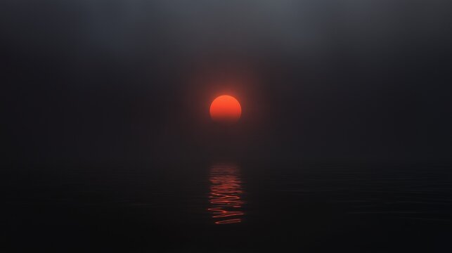 Photograph of a red sun rising over the ocean. the sun is in the center of the image, with its bright orange glow radiating from the center.