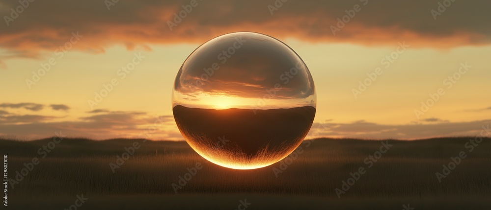 Poster digital illustration of a sphere in the center of a field. the sphere is spherical and appears to be