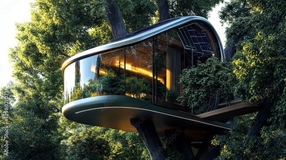 Aufkleber futuristic solar-powered treehouse with ai-driven energy efficiency for an innovative sustainable fa