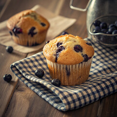 Homemade blueberry muffins placed on rustic wooden table with blueberries and kitchen towel. Perfect for food blogs, bakeries, and recipe visuals.