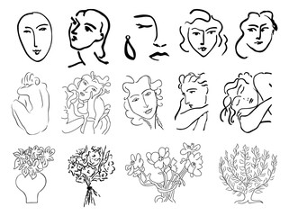 Set of abstract line art drawings, female nude silhouettes, faces, flowers in trendy retro inspired style. Contemporary art black ink sketch vector illustrations isolated on white background.