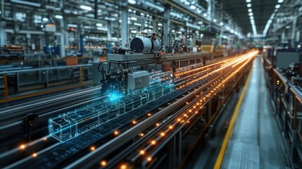 A futuristic automated manufacturing facility showcasing robotic arms and bright lights along a production line. The technology enhances efficiency.