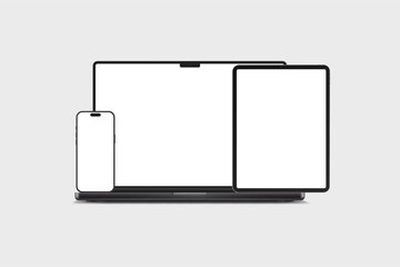 3D laptop, tablet and smartphone digital device mockup with blank screen isolated on background. Technology empty display template for ui, ux, app, ads and website presentation. Vector illustration
