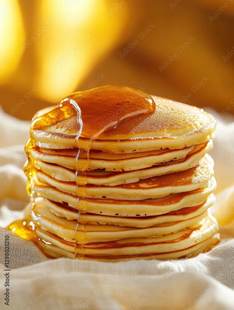 Poster Stack of fluffy pancakes drizzled with syrup resting on a soft cloth in warm sunlight. Generative AI