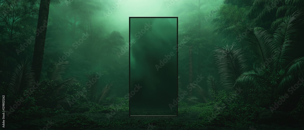 Poster digital illustration of a dark and mysterious forest. the background is filled with tall trees and f