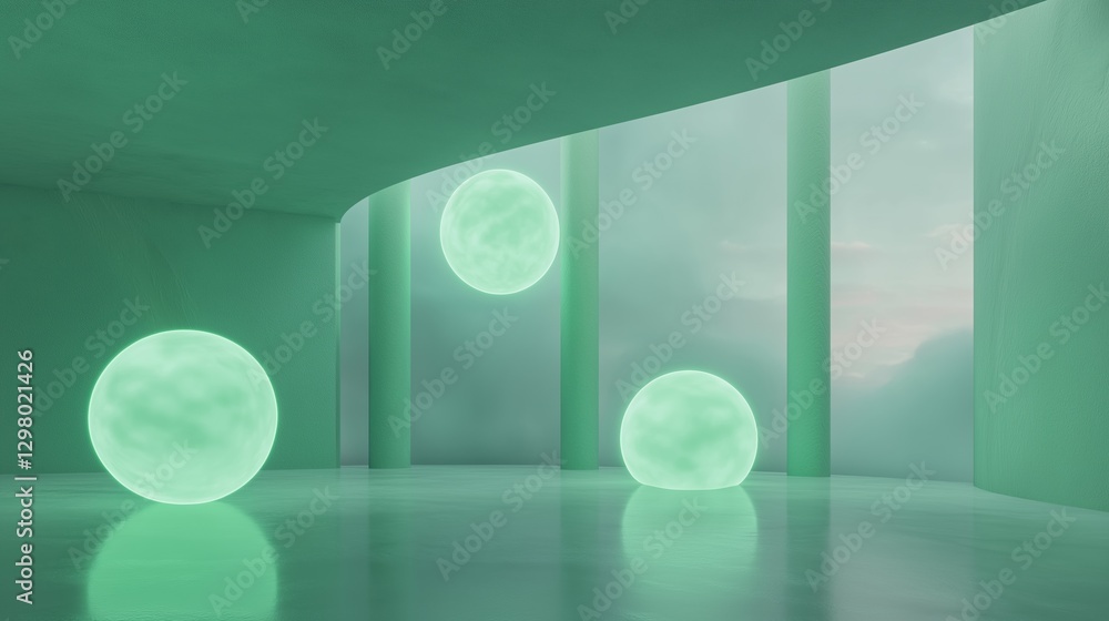 Poster empty room with three large, round, glowing spheres in the center. the room has a high ceiling with 