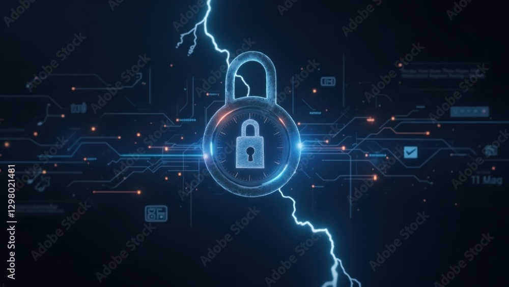 Poster time-based one-time password. lock is on circuit with lightning coming out of it